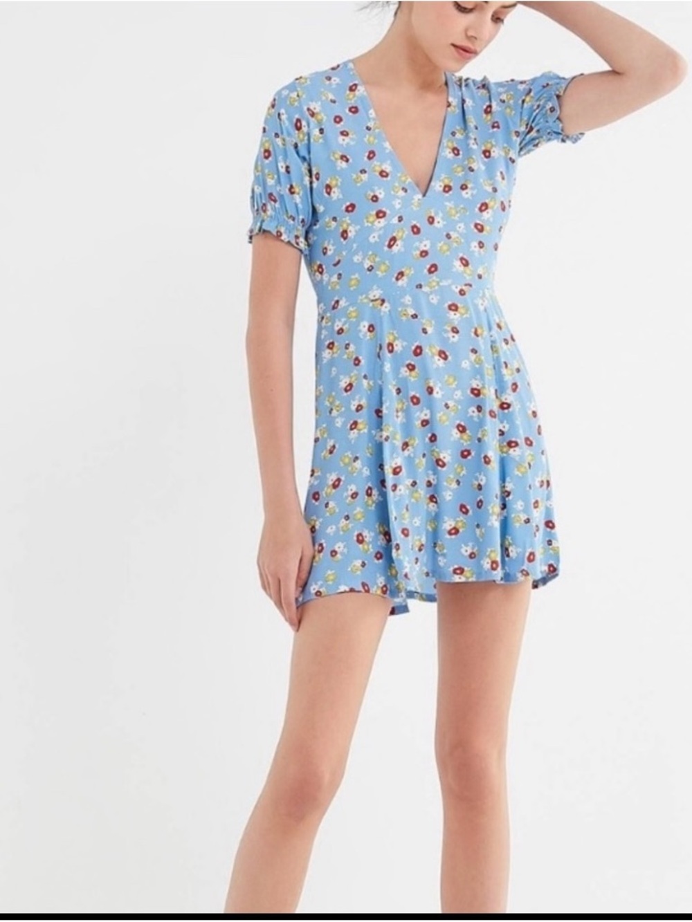 Faithfull the Brand Blue Floral Dress with Red, White & Yellow Flowers